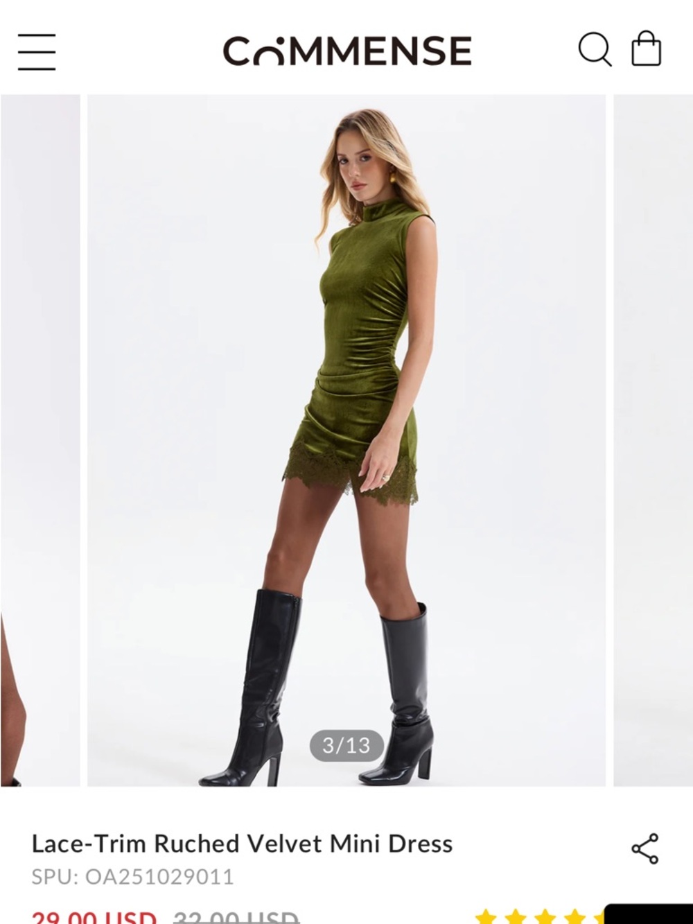 Lace-Trim Ruched Velvet Mini Dress